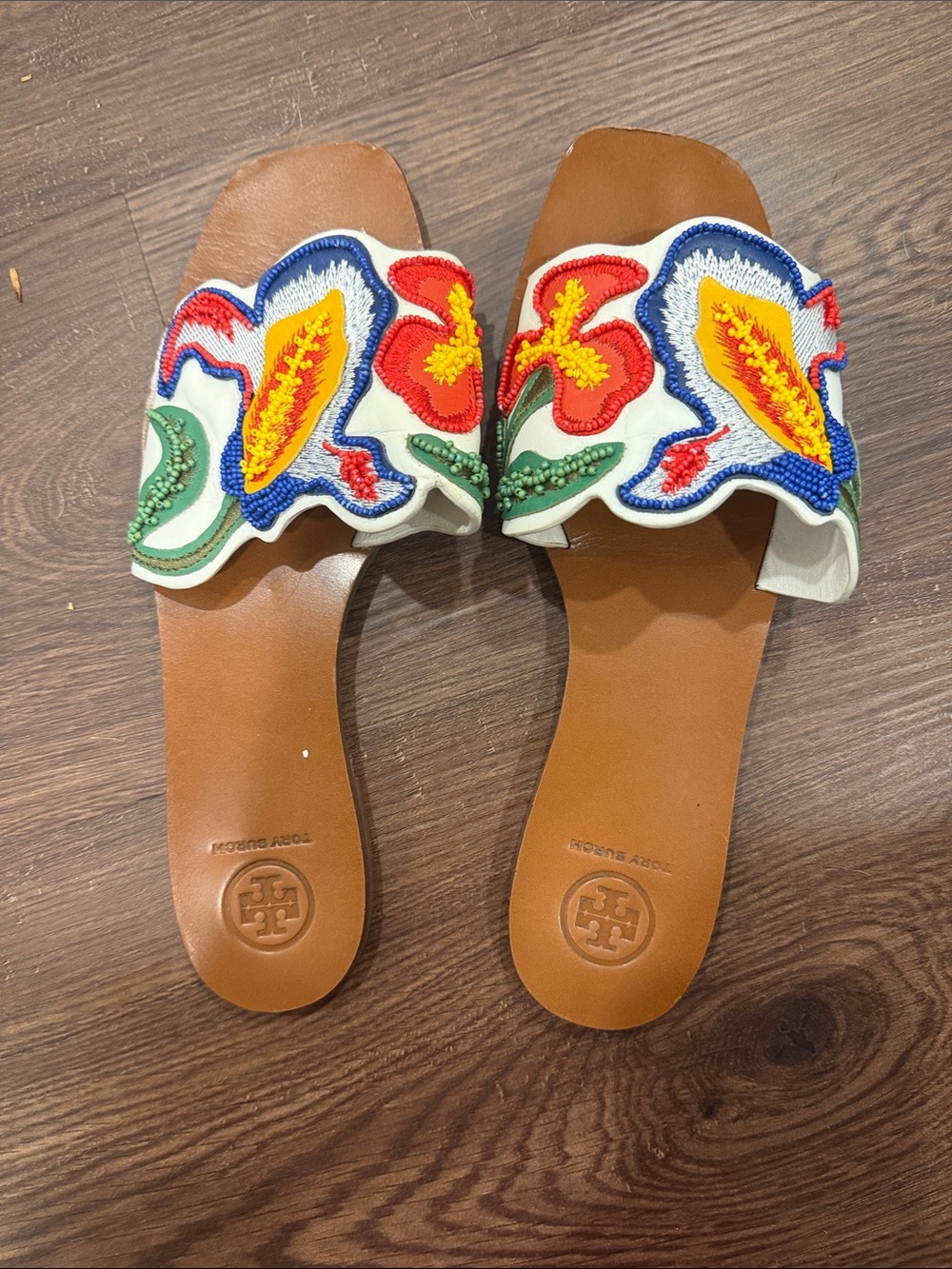 Tory Burch Brown Leather Slides with Multicolor Floral Embroidery